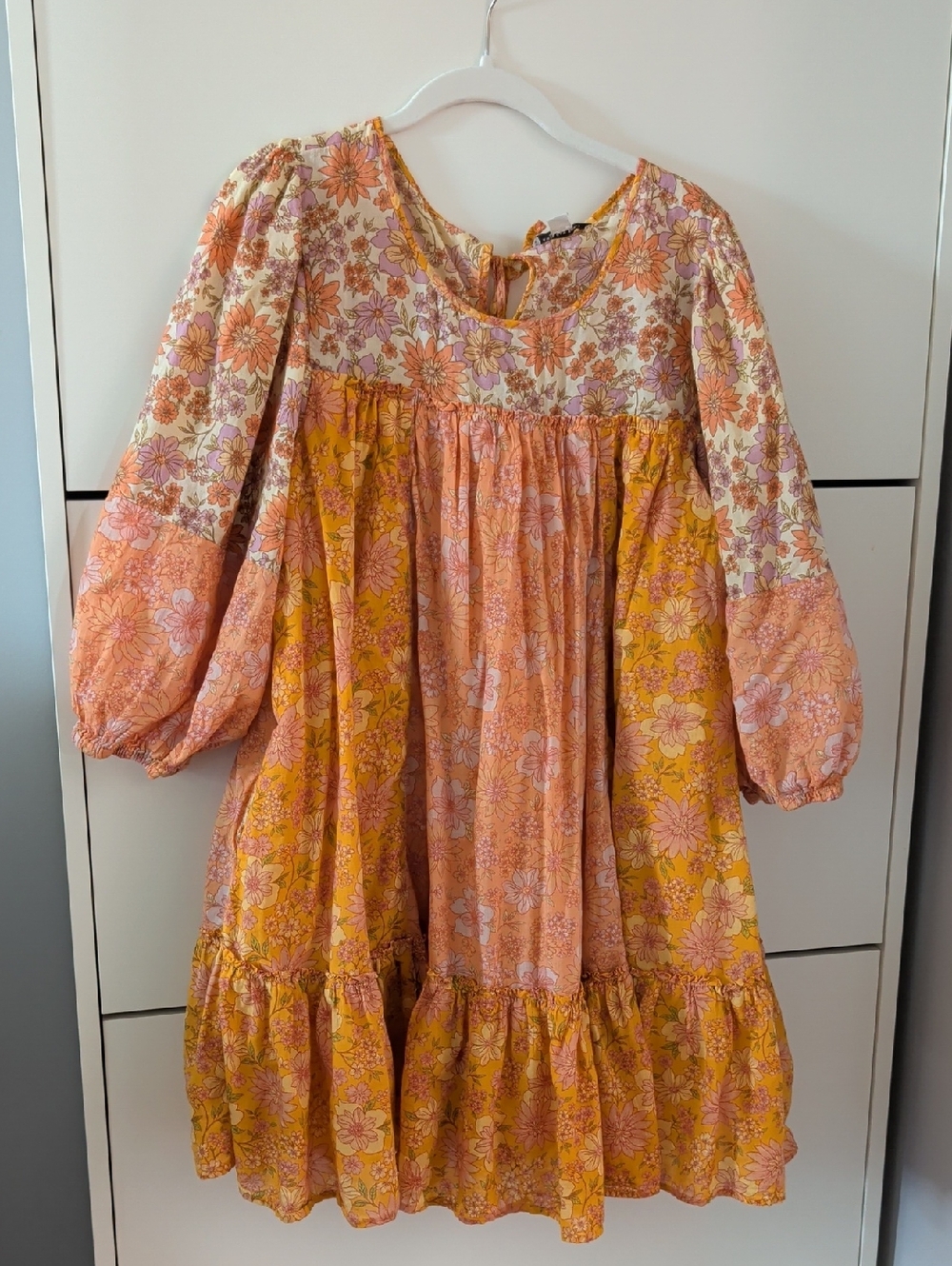 American Eagle Outfitters Pink & Mustard Floral Tiered Peasant Dress